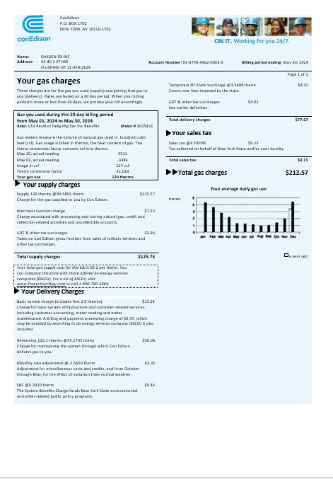 USA Con Edison gas business utility bill template in Word and PDF formats